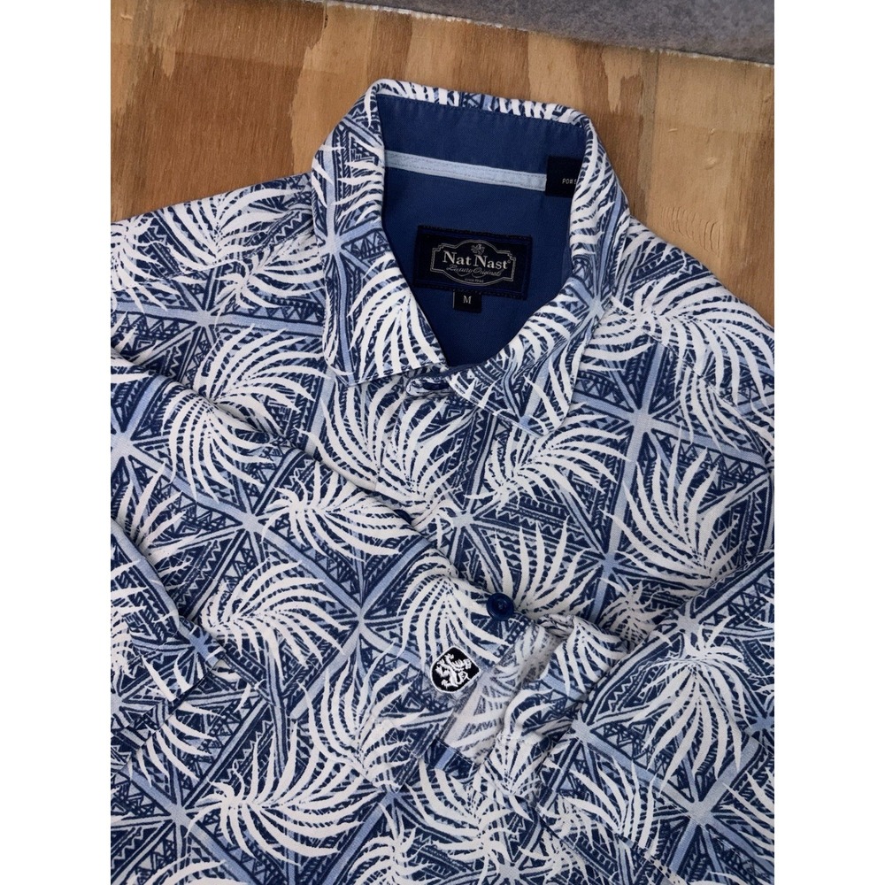 Nat Nast Mens Medium Button Up Silk Blend Palm Print Blue Hawaiian Camp‎ Casual
